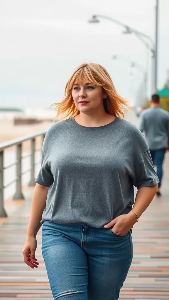 A plus size woman walking along a boardwalk, displaying a long pixie haircut with textured fringe.