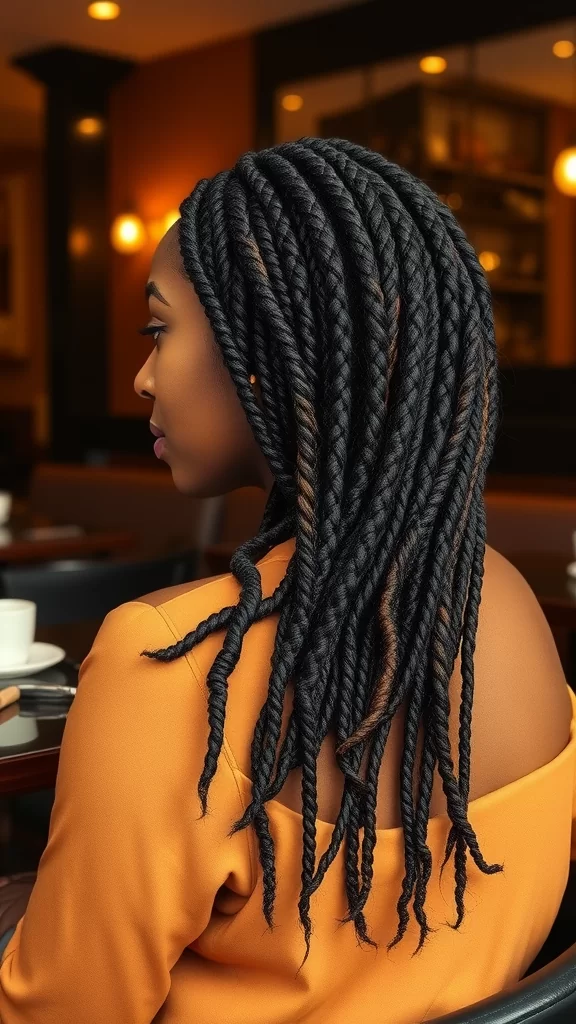 A woman showcasing long Senegalese twists, highlighting a stylish and bold hairstyle