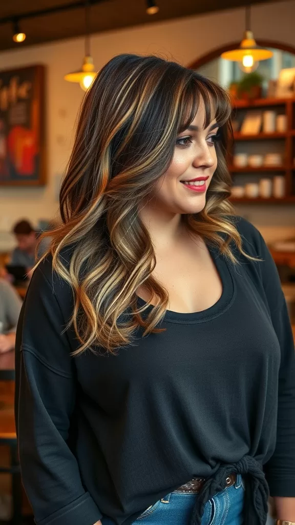 A woman with long shag hair and curtain bangs, wearing a casual outfit in a coffee shop setting.