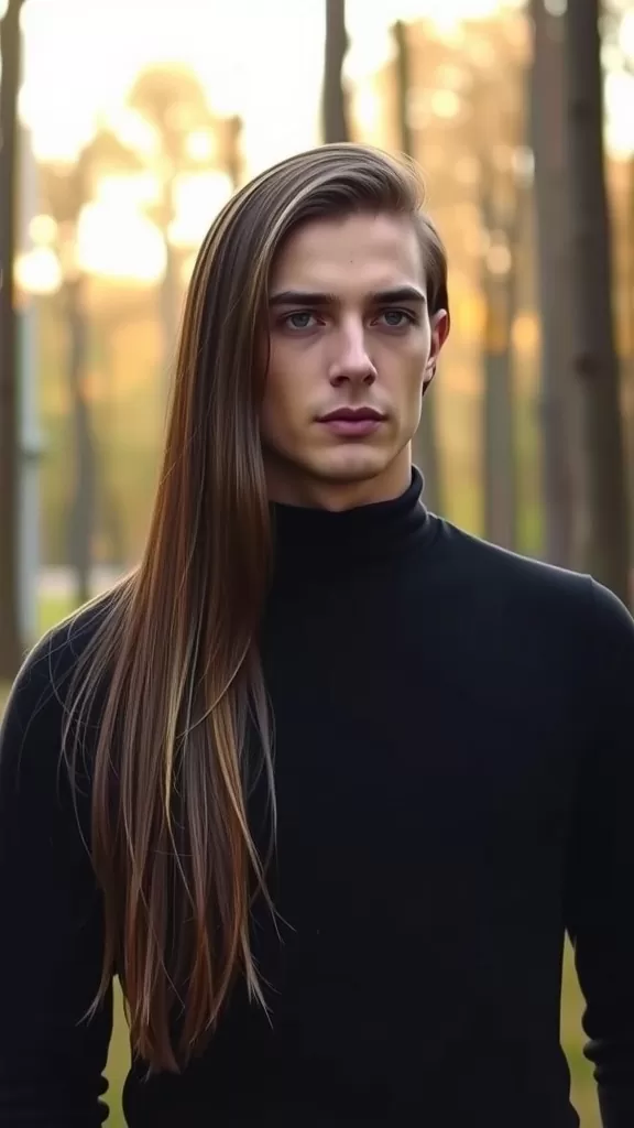A young man with long straight hair standing in a forest, wearing a black turtleneck.