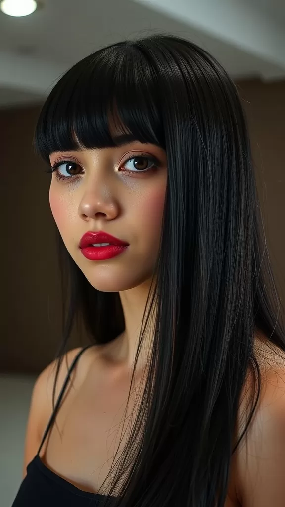 A woman with long straight black hair and blunt bangs, featuring a natural makeup look.