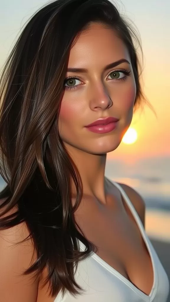 Model with long straight hair styled with a deep side sweep, sunset in the background.