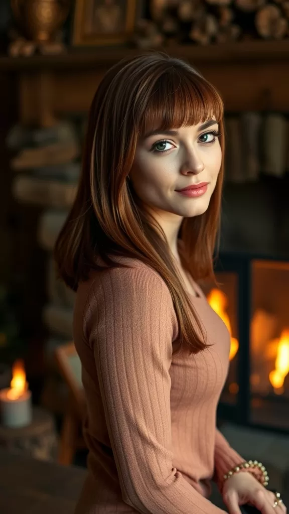 A woman with long straight hair and feathered bangs, seated in a cozy setting with a fireplace in the background.