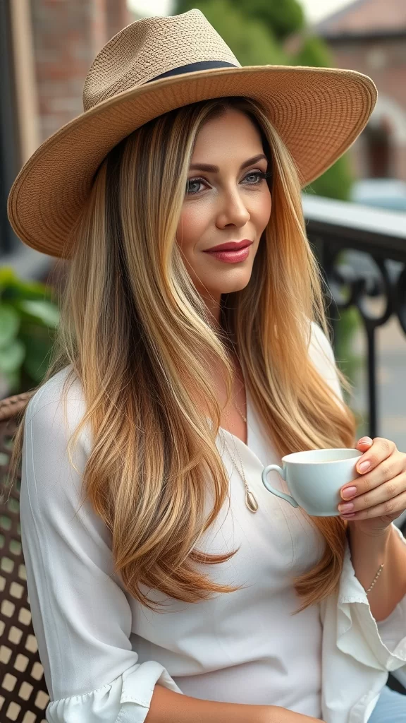 A woman with long straight layered hair, wearing a hat and holding coffee cups.