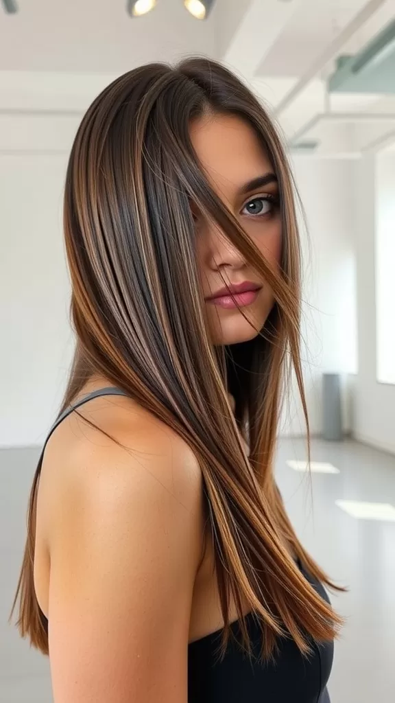 Model with long straight hair featuring micro layers, styled elegantly.