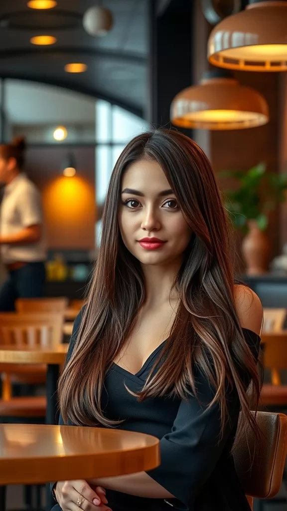 A woman with long straight hair and rounded ends sitting in a cozy cafe.