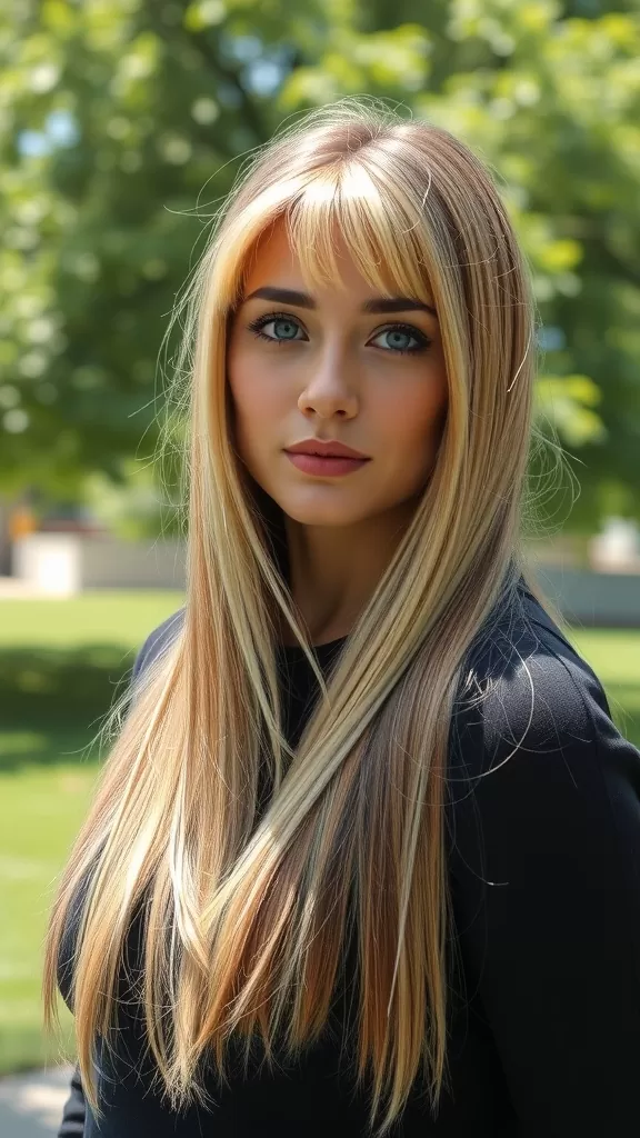A woman with long straight hair and side-swept bangs, showcasing a sleek hairstyle against a blurred green background.