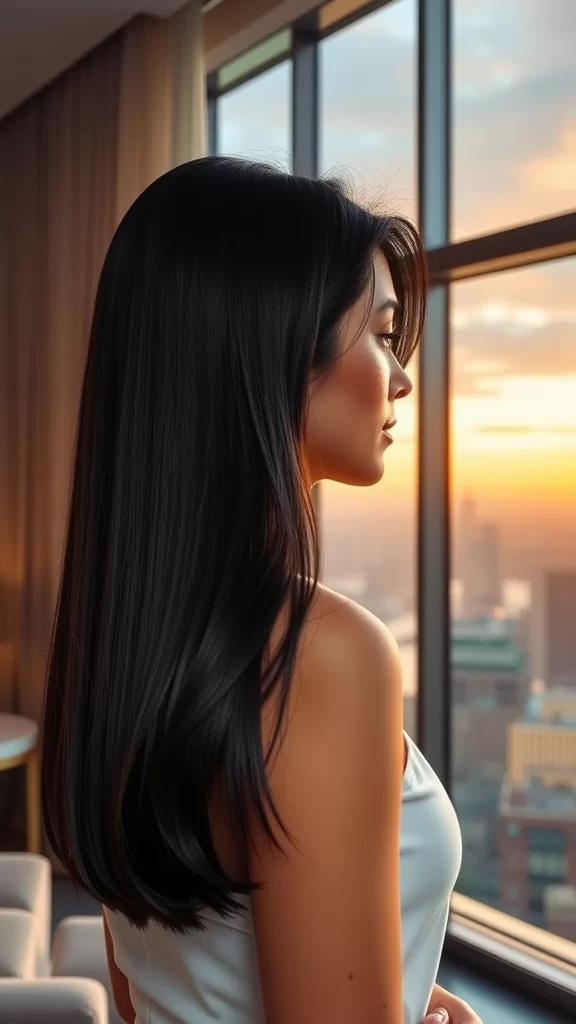 A woman with long, straight hair and sleek middle layers looking at a sunset through a window