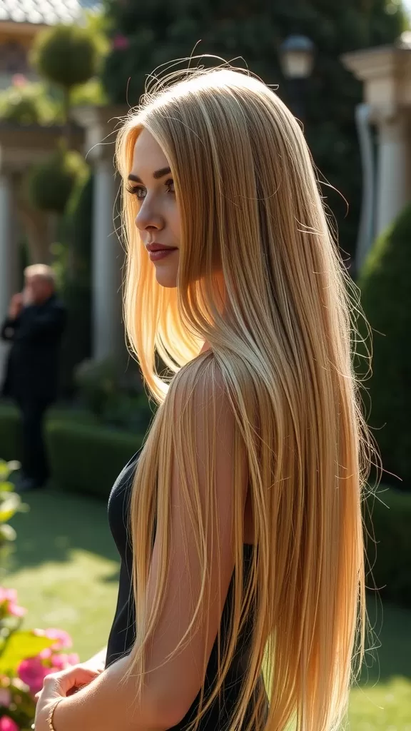 A woman with long straight hair and tapered ends, showcasing a polished and elegant hairstyle.