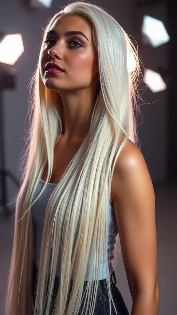 A model with long straight hair styled with an undercut, showcasing a modern and elegant look.