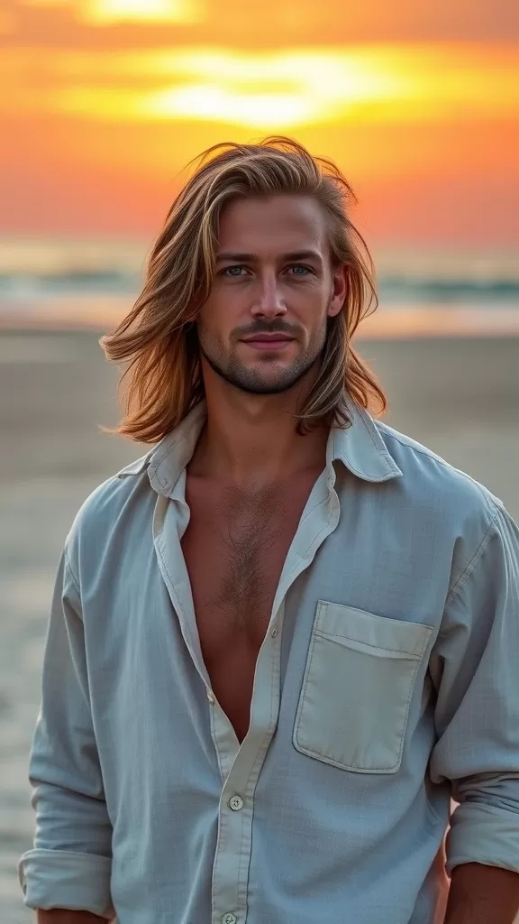 A man with long wavy hair standing on a beach during sunset.