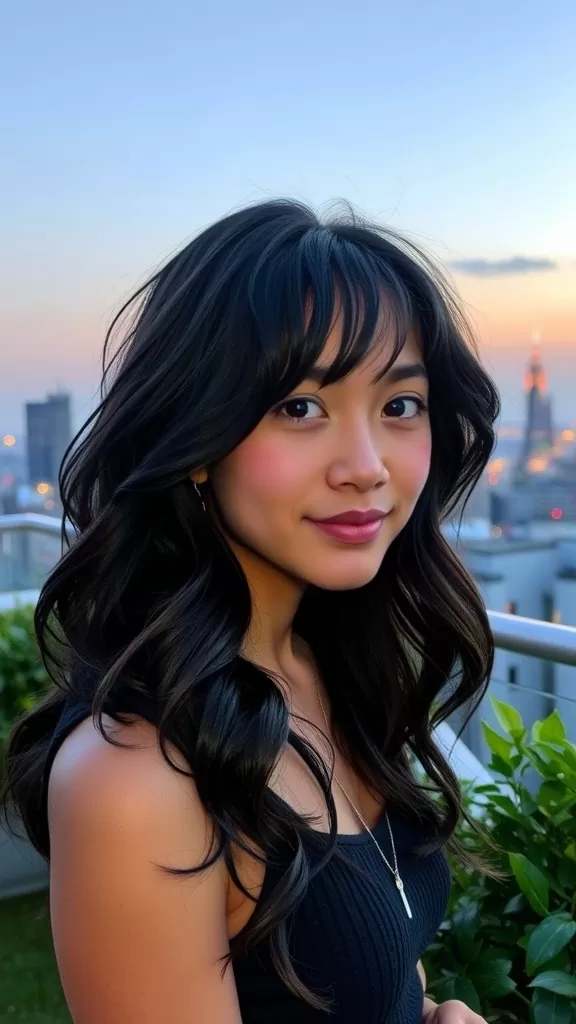 Woman with long wavy shag haircut and bangs, standing outdoors