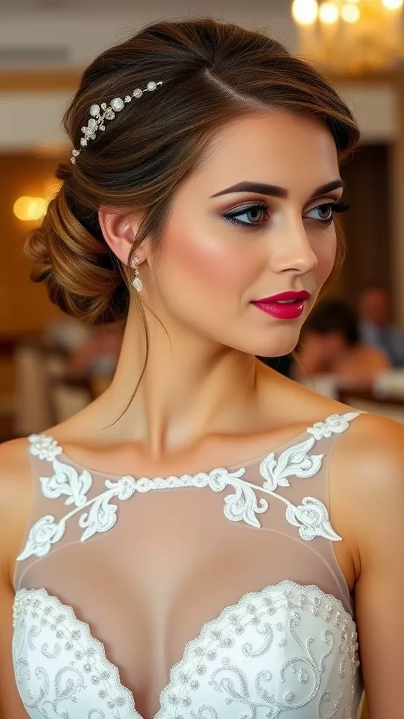 A bride with a loose bun hairstyle adorned with side twists and hair pearls.