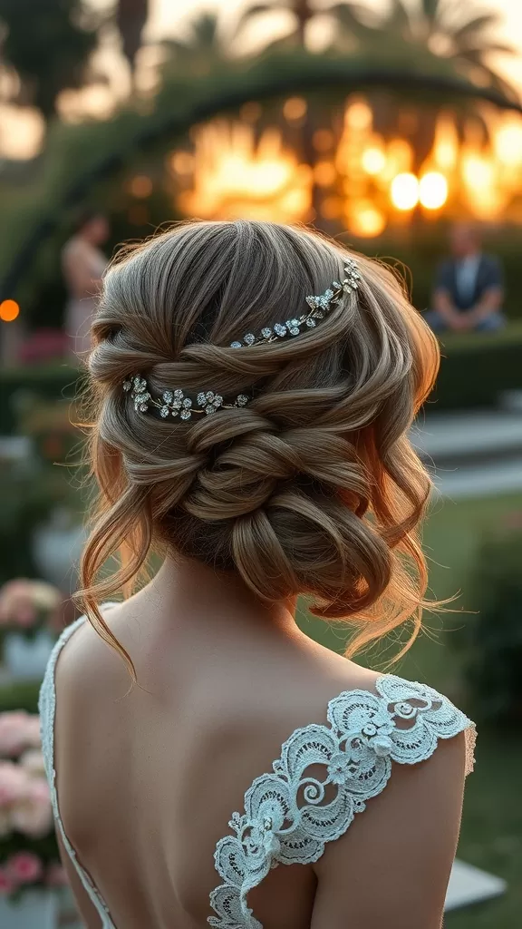 A bride with a loose curled updo adorned with sparkling hair vines, showcasing a beautiful sunset backdrop.