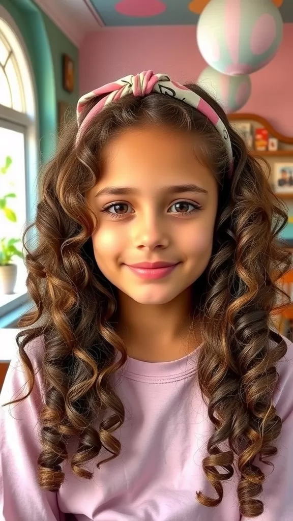 A girl with loose curls and a patterned headband, smiling.