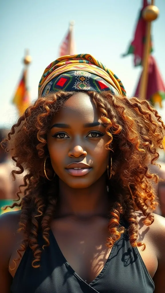 A woman with loose curls wearing a colorful headwrap, showcasing a stylish hairstyle.