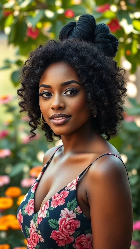 A woman with a loose curly chignon hairstyle, surrounded by colorful flowers.