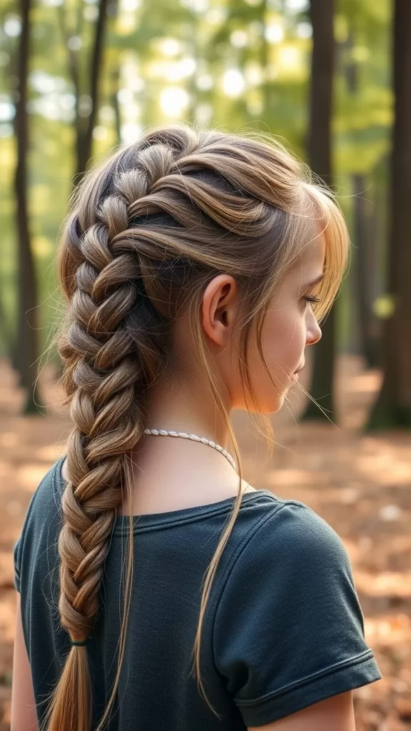 A teenage girl with a loose fishtail braid, showing a stylish hairstyle in a forest setting.