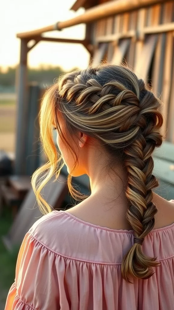 A woman with a loose fishtail braid updo, showcasing casual elegance, with soft strands framing her face.