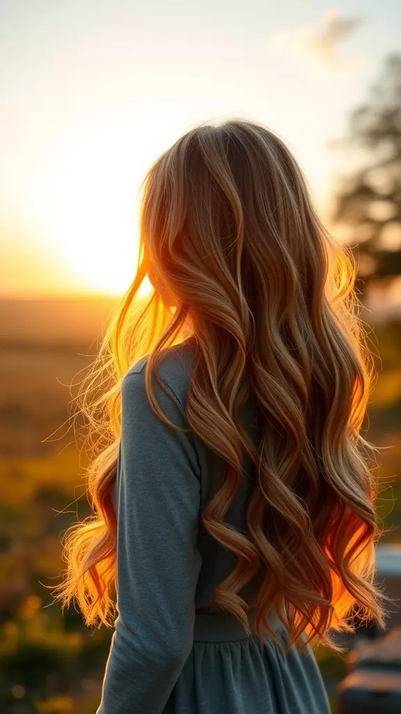 A woman with long, loose romantic waves standing in front of a sunset.