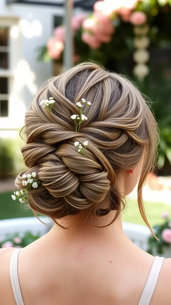 A woman with a loose twisted updo hairstyle adorned with baby’s breath flowers.