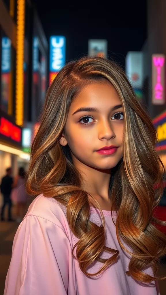 A young girl with loose waves and a deep side part in a vibrant city setting.