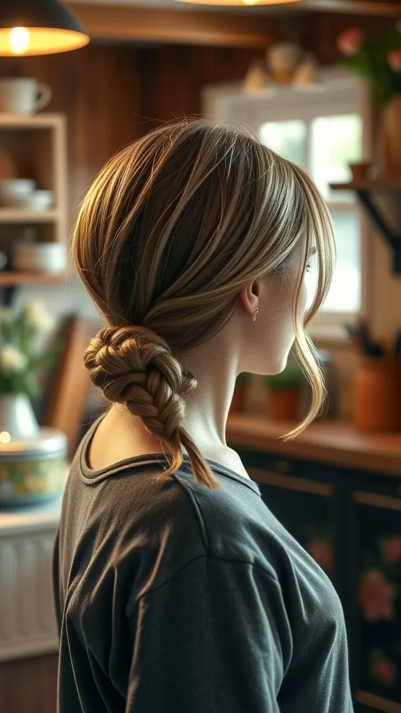 Teenage girl with a low braided bun hairstyle, showcasing a relaxed and stylish look.