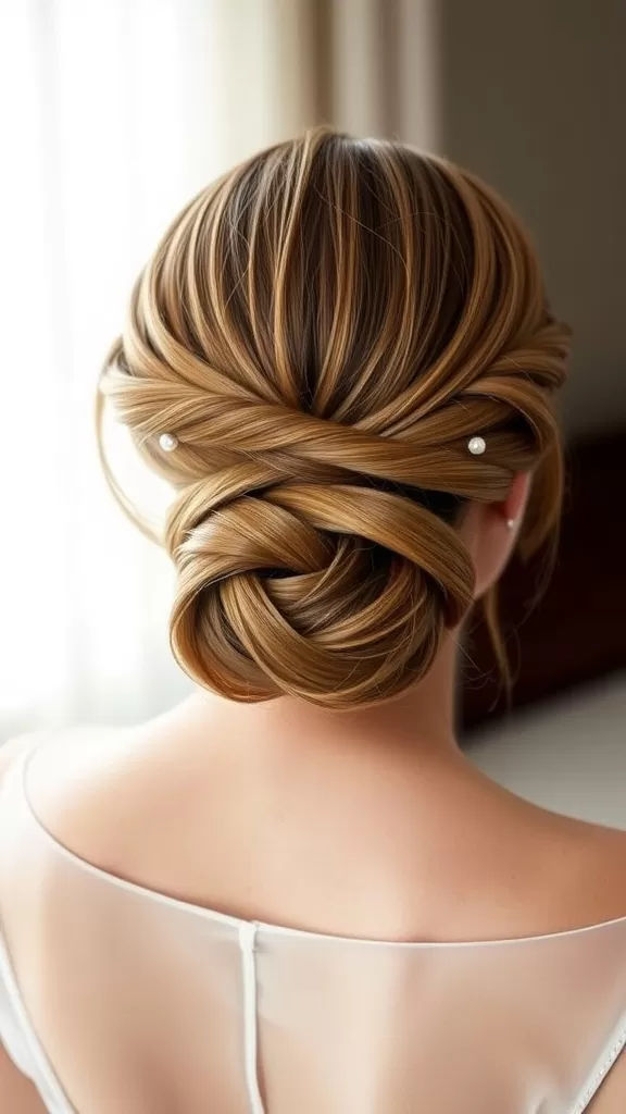 A beautiful low bun hairstyle featuring a twisted halo, adorned with hair accessories.