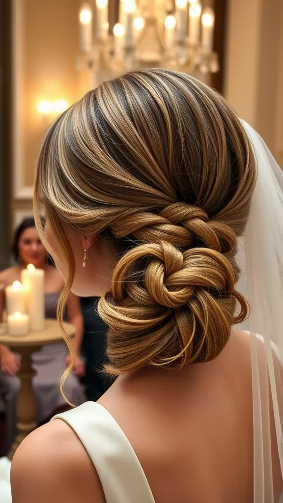 A beautiful low bun hairstyle with braided accents, perfect for a wedding, showcasing elegance and charm.