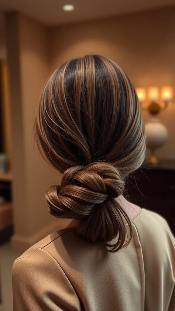 A low chignon hairstyle displayed on a woman with medium-length hair