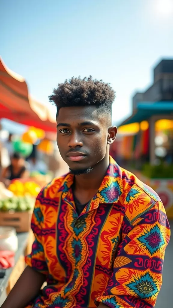 A man showcasing a low fade hairstyle with an afro top, wearing a colorful patterned shirt.