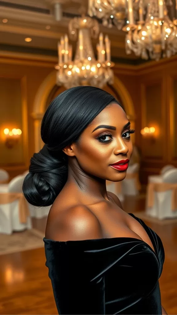 A woman with a low rolled bun hairstyle, wearing elegant earrings, set in a beautifully decorated room with chandeliers.