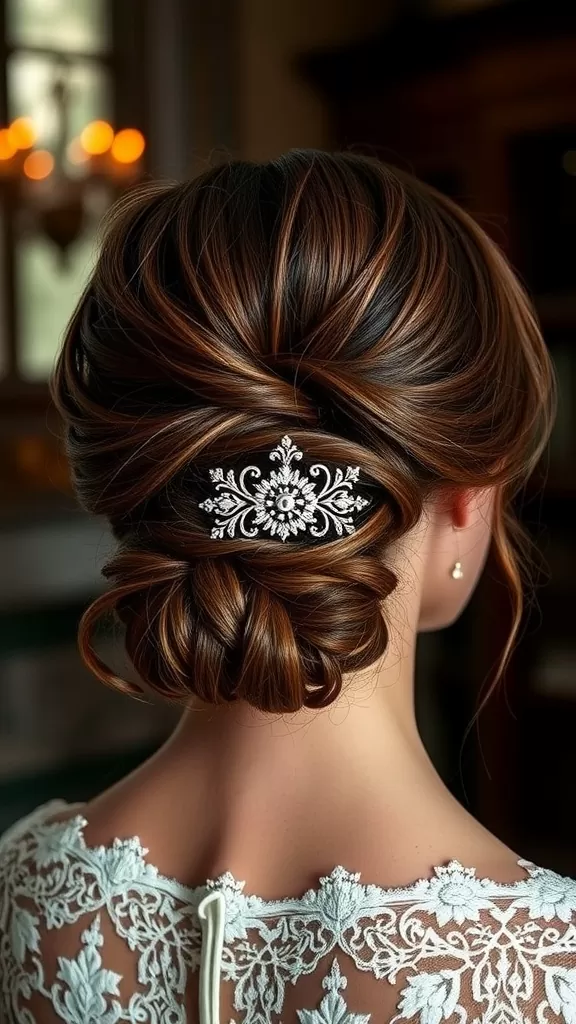 A woman with a low rolled bun hairstyle adorned with a vintage comb, wearing a lace dress.