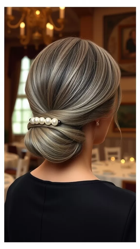 A woman with long hair styled in a low rolled chignon adorned with pearls.