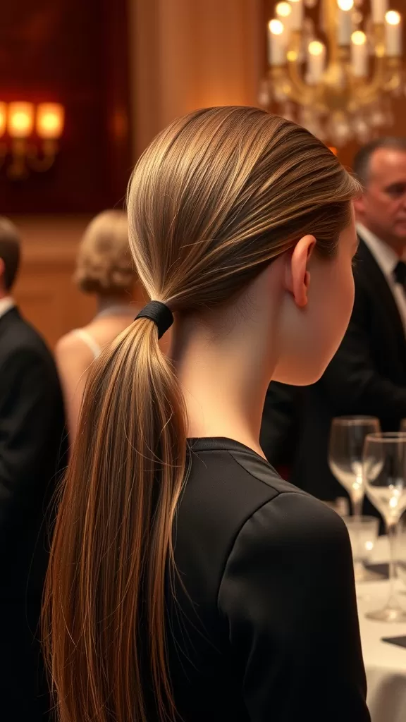 A girl with a low sleek ponytail, dressed elegantly in a black outfit at a formal event.