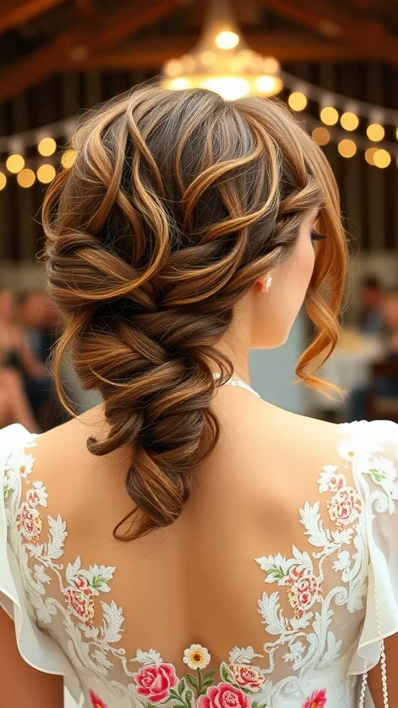 A bride with a low textured knot hairstyle featuring face-framing braids and floral embroidery on her dress.