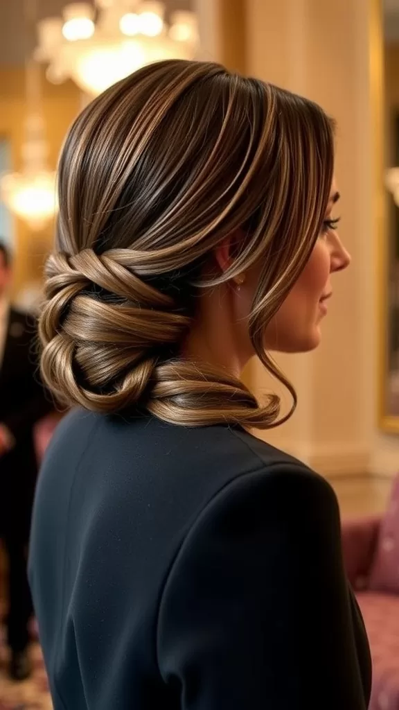 A woman showcasing a low twisted braid updo hairstyle, highlighting the elegant twist and texture.