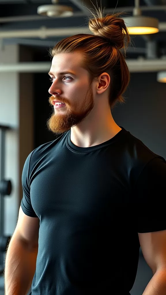 A man with long hair styled in a man bun, wearing a black t-shirt and looking thoughtfully.