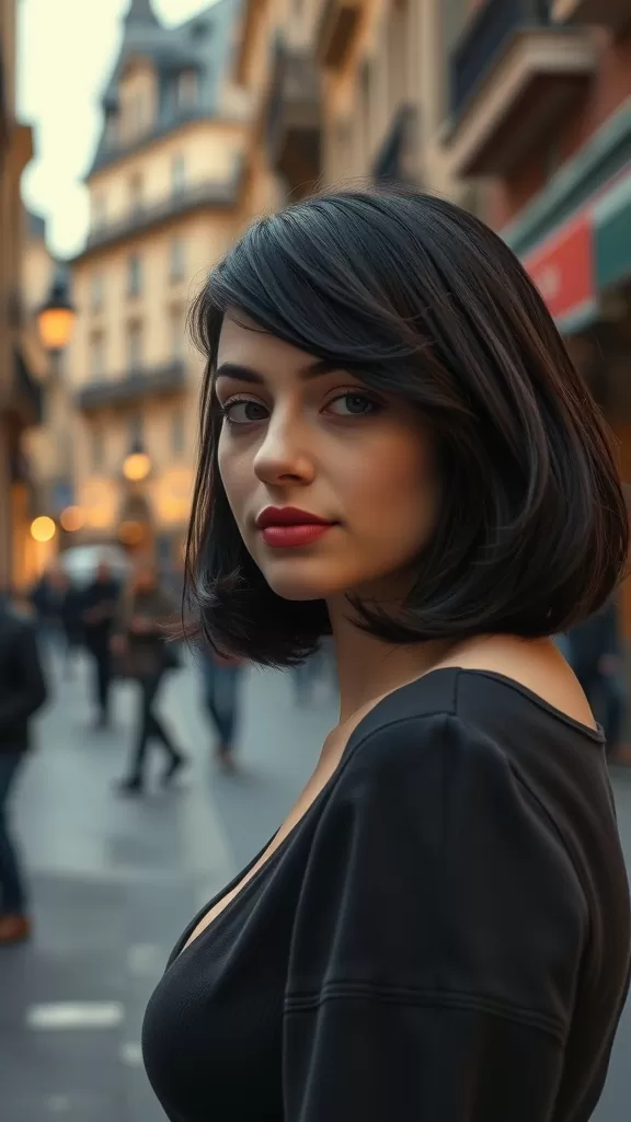 A woman with a medium-length bob haircut and arched bangs, standing in a city street.