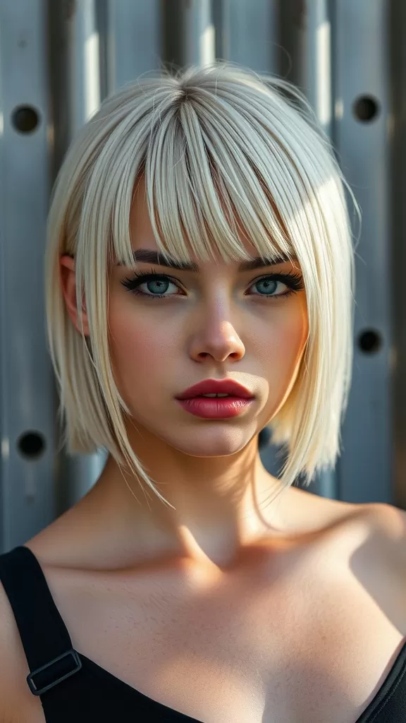 A woman with medium-length blonde hair featuring arched micro bangs, showcasing a fresh and stylish look.