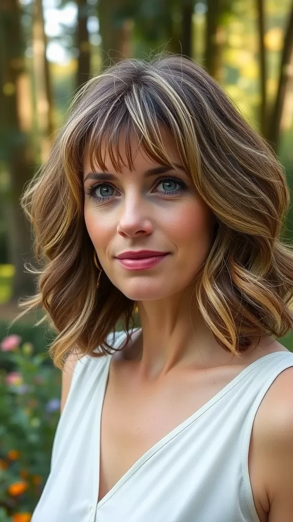A woman with medium-length hair and face-framing bangs, smiling softly outdoors.