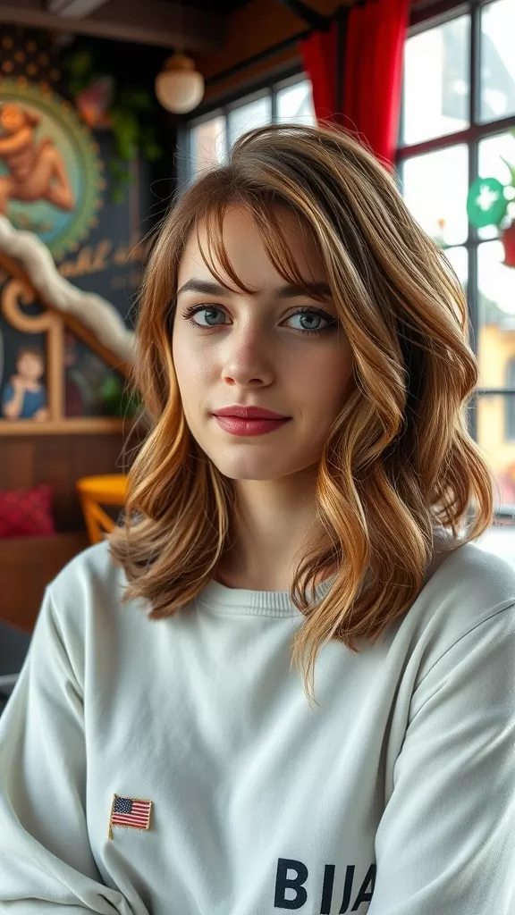 A young woman with medium-length hair and wispy curtain bangs, sitting in a cozy cafe setting.