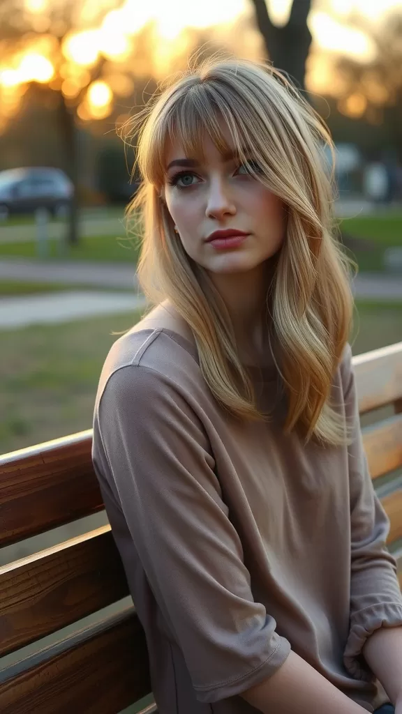 A woman with medium-length hair styled in layers and swoop bangs, sitting on a bench during sunset.