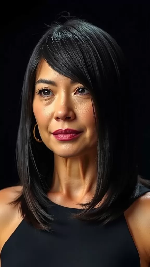 A woman with medium-length sleek hair and long bangs, wearing a black top, showcasing a polished hairstyle.