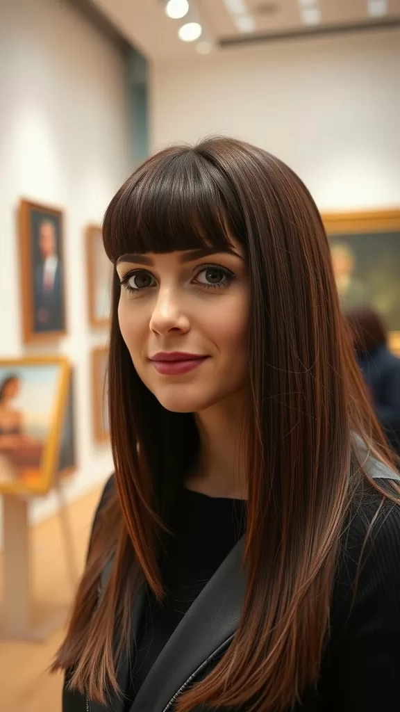 A woman with medium-length sleek hair and long bangs, showcasing a polished hairstyle in an art gallery.