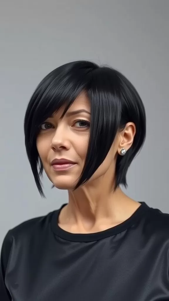A woman with medium-length sleek hair featuring sharp layers, looking confident and stylish.