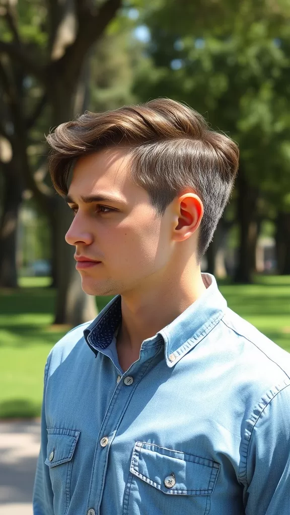 A young man with a medium-length taper hairstyle, standing outdoors in a park.