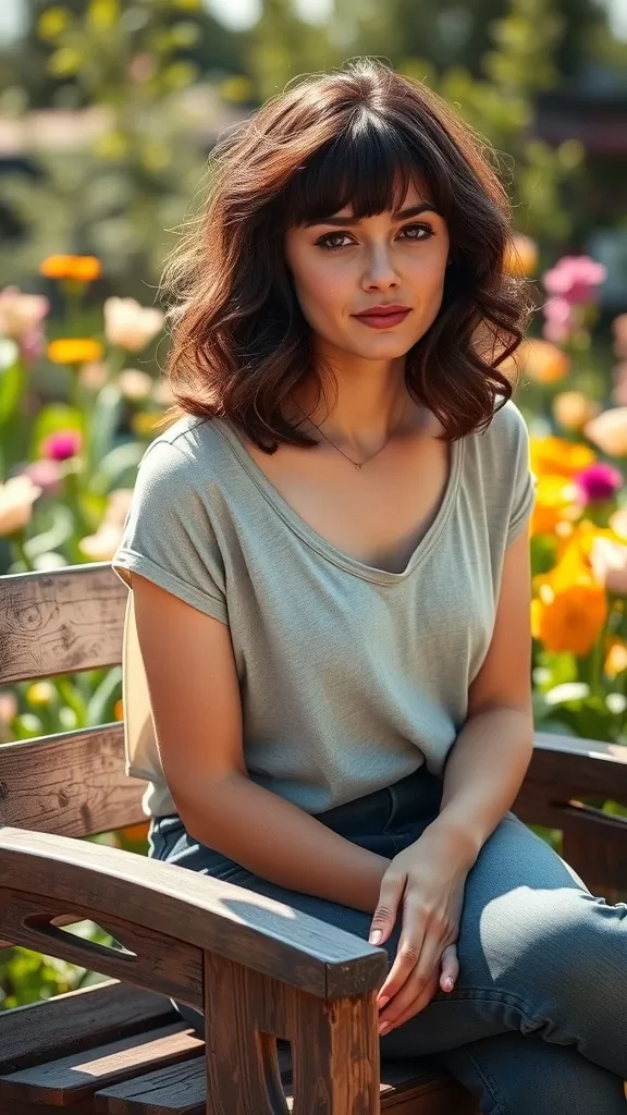 A woman with medium-length wavy hair and curly bangs sitting on a bench among colorful flowers.
