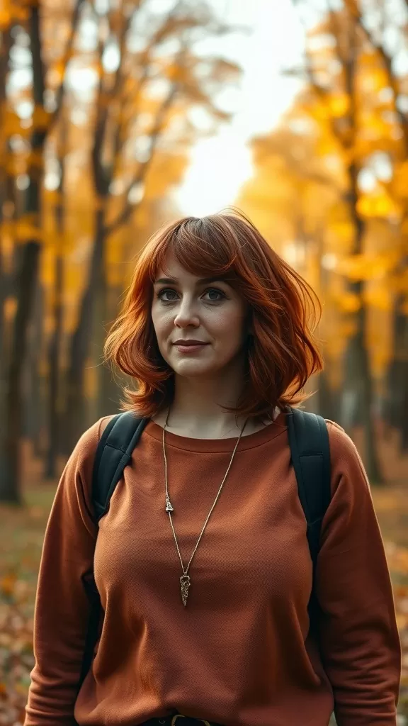 A woman with medium shag hair and feathered curtain bangs, standing in a forest during autumn.