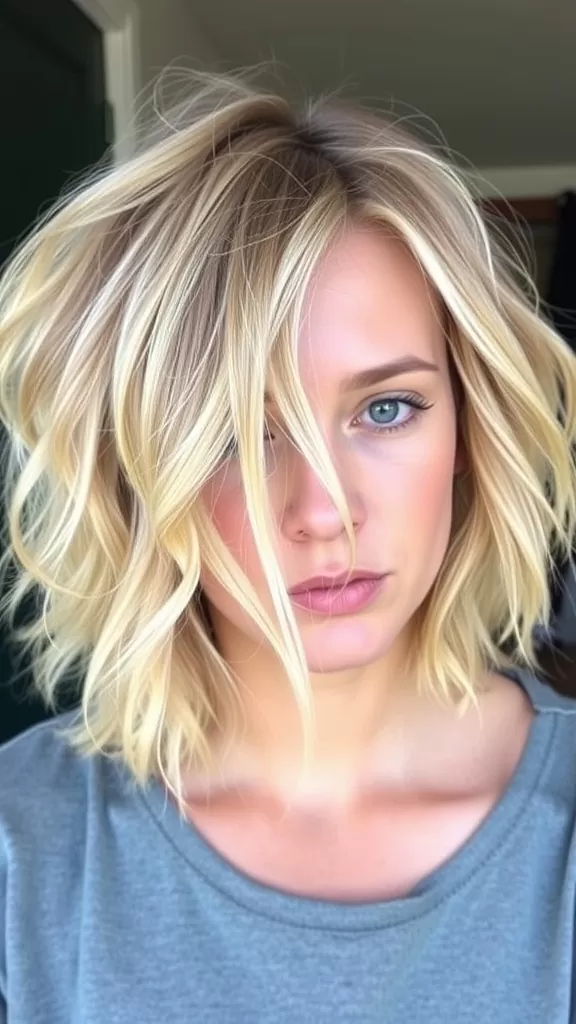 A woman with messy beach waves hairstyle, featuring blonde hair and a casual look.